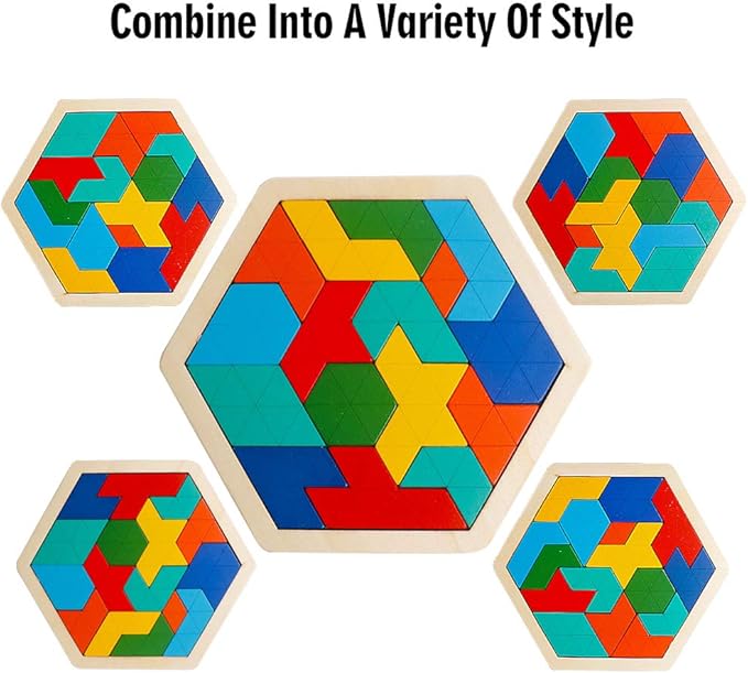 Skrtuan Wooden Hexagon Puzzle for Kid Adults Brain Teaser Blocks Puzzles Games Toy Shape Pattern Block Tangram Geometry Logic IQ STEM Montessori Educational Gift for All Ages Children Boys Girls