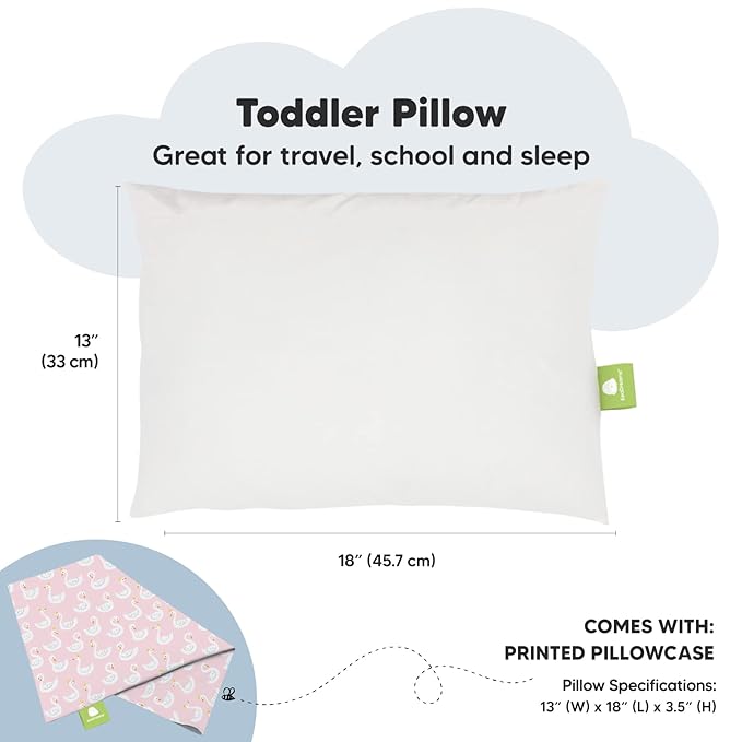 Toddler Pillow with Pillowcase - 13x18 My Little Dreamy Pillow, Organic Cotton Toddler Pillows for Sleeping, Kids Pillow, Travel Pillows, Mini Pillow, Nursery Pillow, Toddler Bed Pillow (Swan Lake)