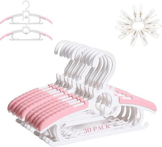 JSF 30Pcs Baby Hangers for Nursery Closet, Infant Hangers Extendable and Non-Slip for Newborn Toddler Kids Clothes,11"-14" Adjustable Children Coat Pant Hanger for Girl and Boy Nursery/Pink