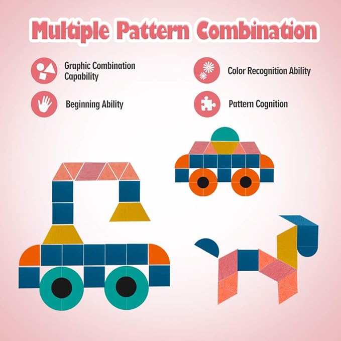 USATDD 180 Pcs Wooden Tangrams Pattern Blocks Set Geometric Manipulative Shape Puzzle Kindergarten Classic Educational Montessori Toys for Kids Toddlers Ages 4-8 with 24 Pcs Flash Cards