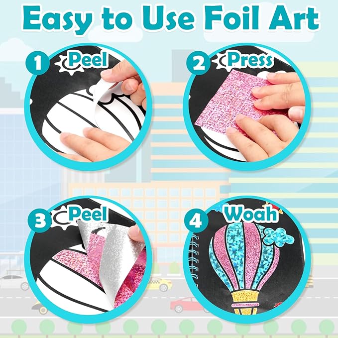 Foil Art Craft Activity for Kids: Fun DIY Toy Sticker Kit, No Mess Creative Travel Supply Set, Idea Birthday Easter Basket Stuffers Valentines Gift for Girl Boy Toddler 4 5 6 7 8 9 Year Old（Vehicle）