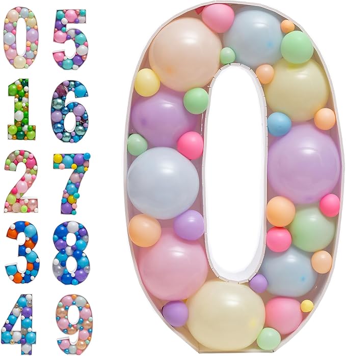 Mosaic Balloons Number Frame Marquee Light Up Number 0 Pre-Cut Large Foam Board Sign Cut-out for Boy Girl Birthday Backdrop Anniversary Decoration