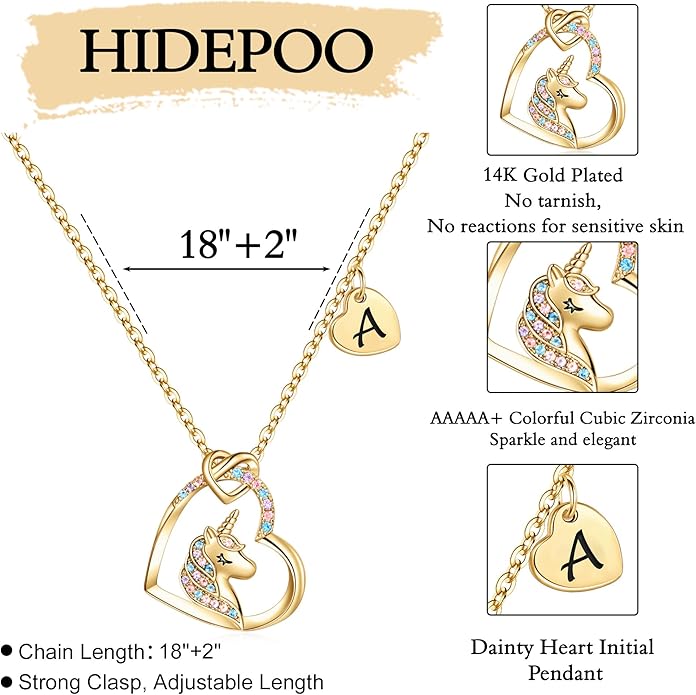 Hidepoo Stocking Stuffers for Teen Girls Kids - Colorful CZ Heart Pendant Initial Unicorn Necklaces for Girl Jewelry Birthday Gift Christmas Gifts for Grandkids Girls Kid