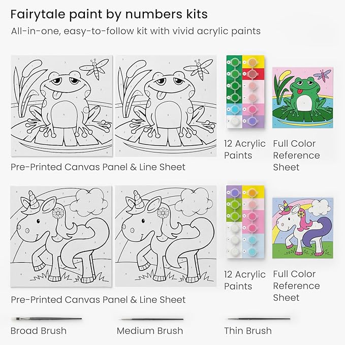 Arteza Kids Paint by Numbers Kit, 10" x 10", Pre-Printed Fairytale Canvas Painting Kit with 2 Canvases, 24 Acrylic Paint Pots, 3 Paintbrushes, Art Supplies for Developing Hand-Eye Coordination, Frog