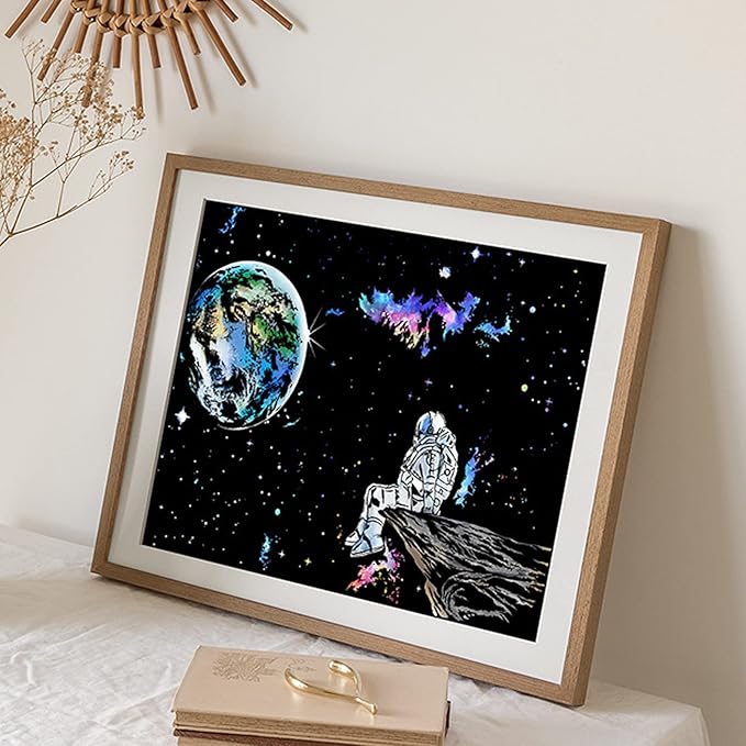 Space Series Scratch & Engraving Art Paper Kit (16"x11.2") for Kids & Adults - Rainbow Sketch Cosmos Astronaut Starry Sky Painting Painting Scratchboard- 3 Pack with 5 Tools: Drawing Pens, Clean Brush