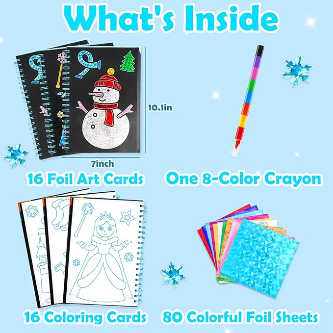 Foil Art Craft Activity for Kids: Fun DIY Toy Sticker Kit, No Mess Creative Travel Supply Set, Idea Birthday Easter Basket Stuffers Valentines Gift for Girl Boy Toddler 4 5 6 7 8 9 Year Old (Winter)