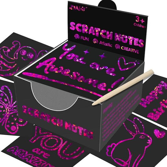 ZMLM Rainbow Scratch Art Paper Mini Note for Kids Gifts Ages 4-8 Bulk Craft Supplies for Teen Girls Boys Easter Basket Stuffers Birthday Classroom Party Games Toy Valentines Day Gift(Rose)