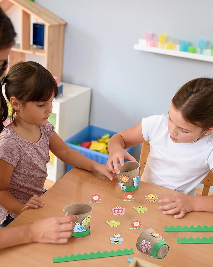 Ayfjovs Garden Paper Pot Craft Kit 15 Pack Flower Plant Spring Craft with 105 PCS Adhesive Foam Stickers and 15 PCS Paper Mache Pots, Flower Planting Growing Kit Science and Garden for Kids