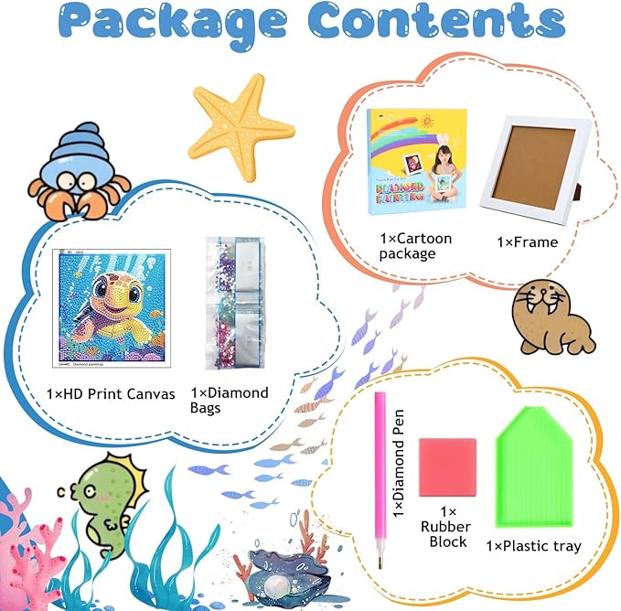 Reivworl Diamond Art Kits for Kids, Sea Turtles Diamond Art for Kids Ages 8-12, Sea Turtles Diamond Painting Kits for Kids for Home Wall Decor (8x8 Inch)