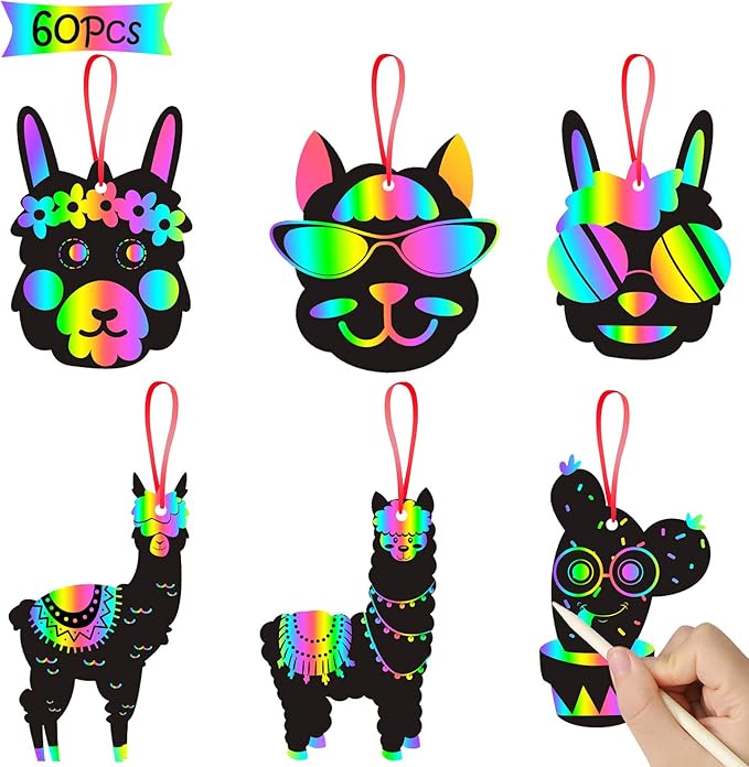 WATINC 60 pcs Alpaca Scratch Cards Art Set for Kids Adults, DIY Color Card Art Craft Kit, Llama Carnival Party Favor,Llama Themed Fun Game, 6 Styles with Ribbon Wood Stylus