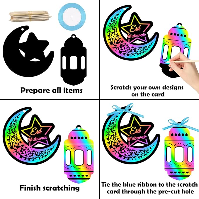 WATINC 60pcs Ramadan Scratch Paper Art Kit for Kids, Eid Mubarak Magic Color Scratch Off Cards Hanging Ornaments Craft, Al-Fitr Party Classroom Activity School DIY Drawing Project Supplies