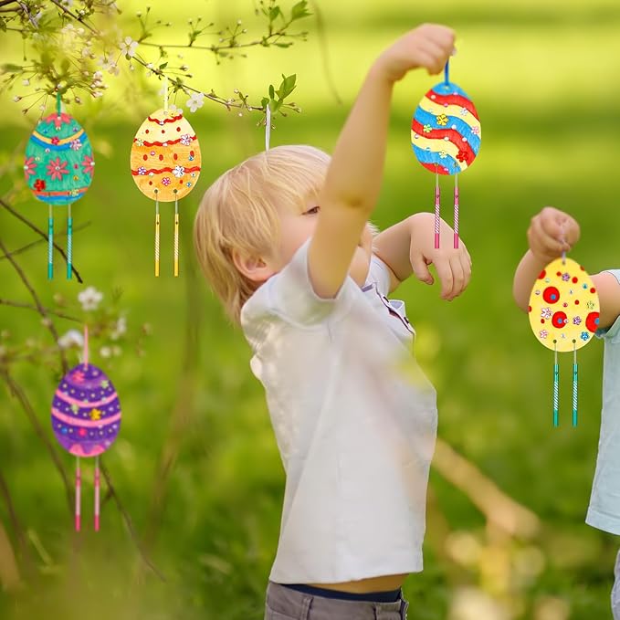Wenqik 12 Sets Easter Wind Chimes Craft for Kids DIY Coloring Wooden Easter Craft Kits Paintable Unfinished Egg Hanging Ornament Crafts for Girls Boys Spring Party School Decor