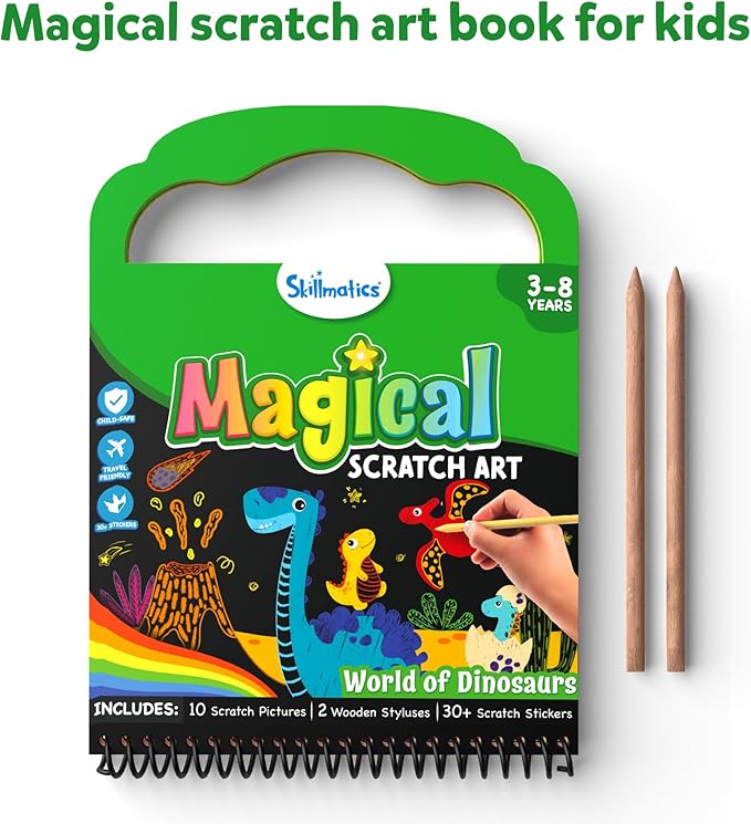 Skillmatics Magical Scratch Art Book for Kids - Dinosaurs, Craft Kits & Supplies, DIY Activity & Stickers, Gifts for Toddlers, Girls & Boys Ages 3, 4, 5, 6, 7, 8, Travel Toys