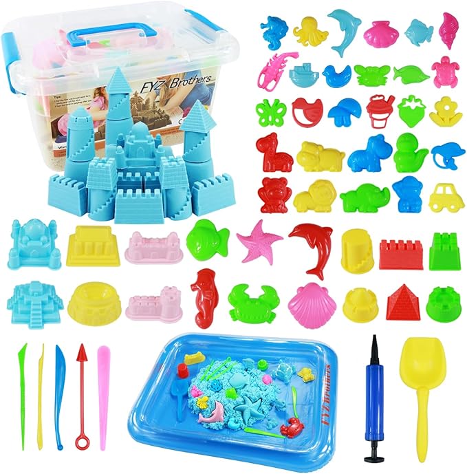 Play Sand Kit, 54Pcs Sandbox Toys Set for Boys Girls, 3lbs Magic Blue Sand, Mold Tools, Inflatable Tray, Storage Box, Funny Birthday Christmas Gift