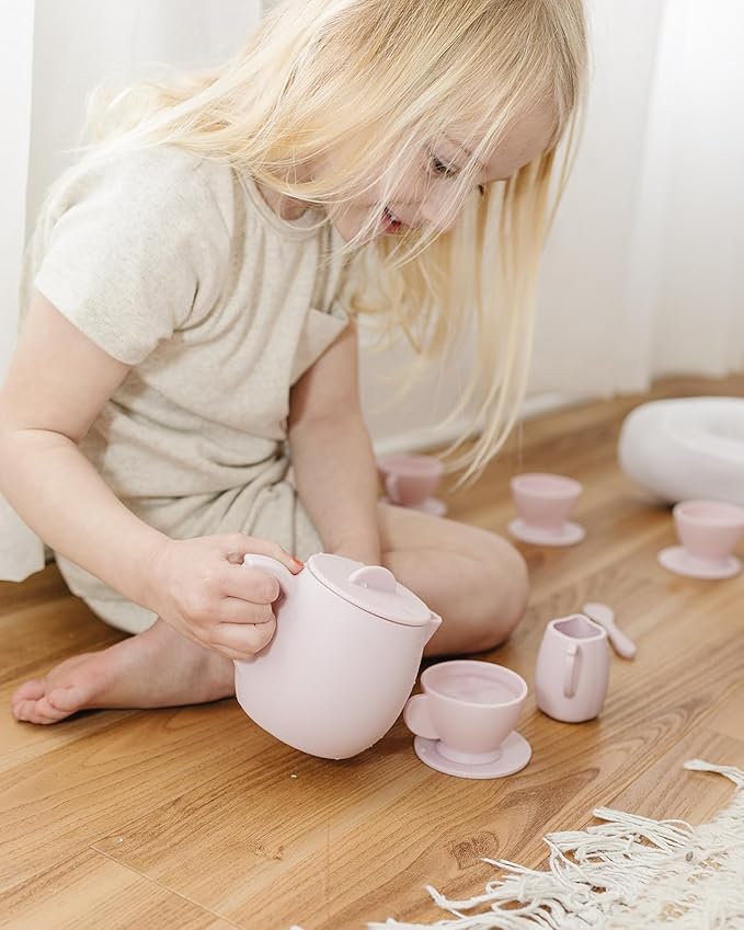 Marlowe & Co Silicone Tea Play Set for Children, 12 Piece Dishwasher Safe Tea Gift Set for Toddlers (Primrose Pink)