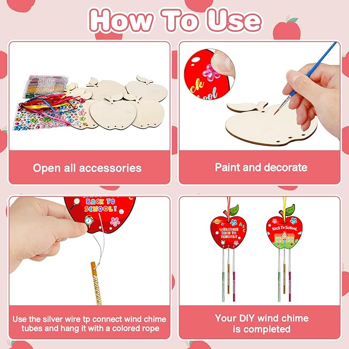 Fennoral 9 Pack Wind Chime Kit for Kids Make Your Own Apple Wind Chime for Girls Boys Back to School Craft DIY Paint Apple Craft for First Day of School Ornaments Classroom Decoration Art Activity