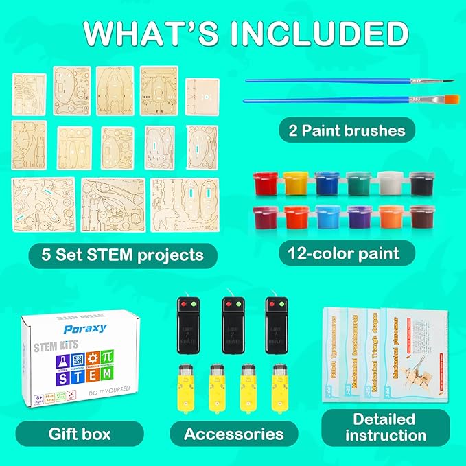 Poraxy Dinosaur Toys, 4 in 1 STEM Kits for Kids Age 8-10, Toys for Ages 8-13, Educational Science Building Projects, 3D Wooden Puzzles Robot Crafts, Gifts for Boys Girls 7 8 9 10 11 12 13 Year Old