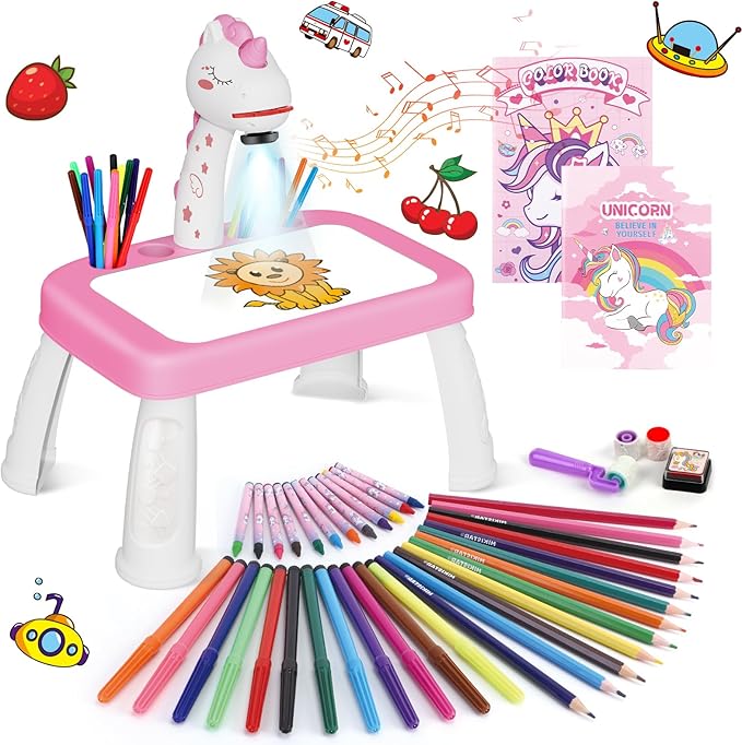 wakeInsa Drawing Projector,Arts and Crafts for Kids,Include Drawing Board,Crayons,Coloring Book,Stickers etc,Girls Unicorns Toy,Toddler Learning Toys,Unicorns Gifts for Girls,Toys for 3+ Years Old