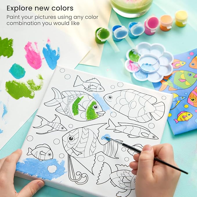 Arteza Kids Ocean Scenes Painting Kit, 4 Canvases 8 x 8 Inches, 24 Acrylic Paints, 4 Paint Brushes, 4 Palettes, Kids Activities Ages 6 and Up