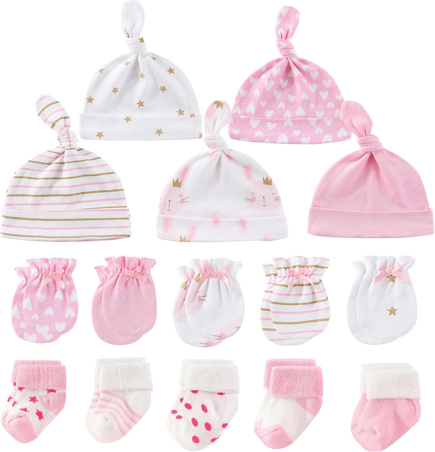 Newborn Baby Boy Girl Caps Mittens Socks Set Cotton Baby Essentials Accessories (Hats+Gloves+Socks)