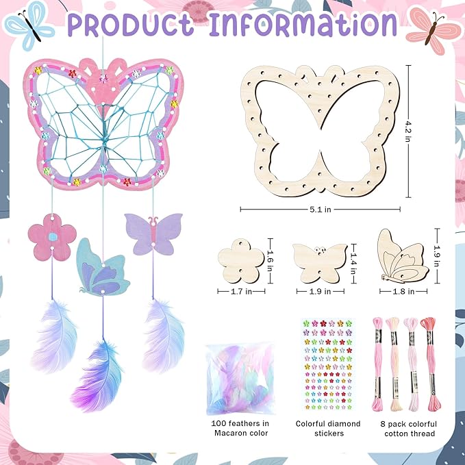 TREACLUB 8Pack Butterfly Dream Catcher Craft Kit for Kids, Unfinished Wooden Butterflies Wood for Painting, Butterfly Shaped Dream Catcher Craft for Home Classroom Brithday Spring Summer Art Activity