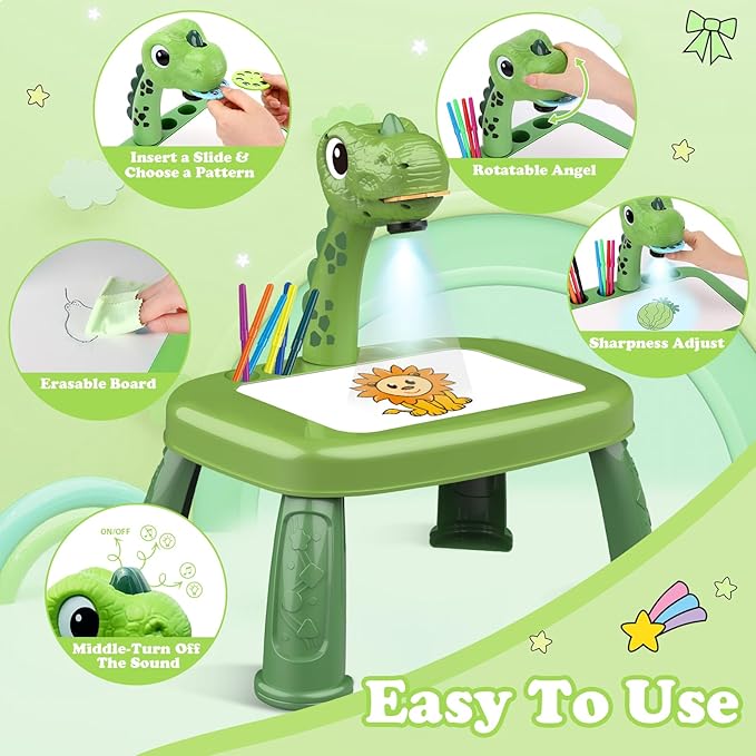 Drawing Projector for Kids, Drawing Board with Music, Color Pens, Pencils, Crayons, Scrapbook, Dinosaur Sticker Book, Ideal Toy for 3+ Year Old Girls & Boys (Dinosaur Kit)