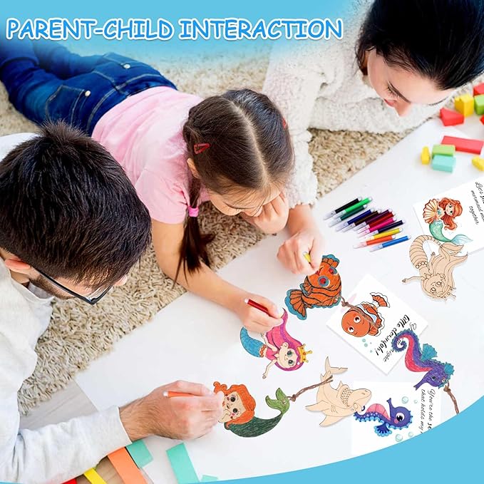 SOSAZOZA 12 Pack Mermaid Party Favors, Wooden Ornaments for Crafts, Chrismas Gifts Set, Mermaid Party Supplies, Mermaid Birthday Party Favors, Includes Mermaid Bracelet, Colored Pen, Card, Rope