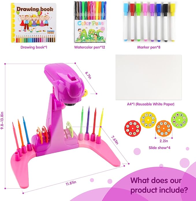 Kids Projection Drawing Toy,Smart Kids Projection Drawing Sketcher with 32 Cartoon Patters,Adjustable Art Sketcher Projector with 12-Color Watercolor Pens,8-Color Erasable Pens,Pink