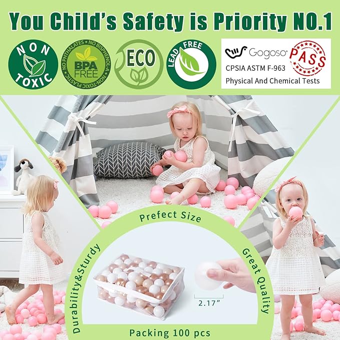 GOGOSO 100pcs Balls for Ball Pit - Plastic Balls Ocean Ball for Toddlers 1-3, 2.2inch Ball Pit Balls with Storage Bag, Pearl Coffee+Beige+White