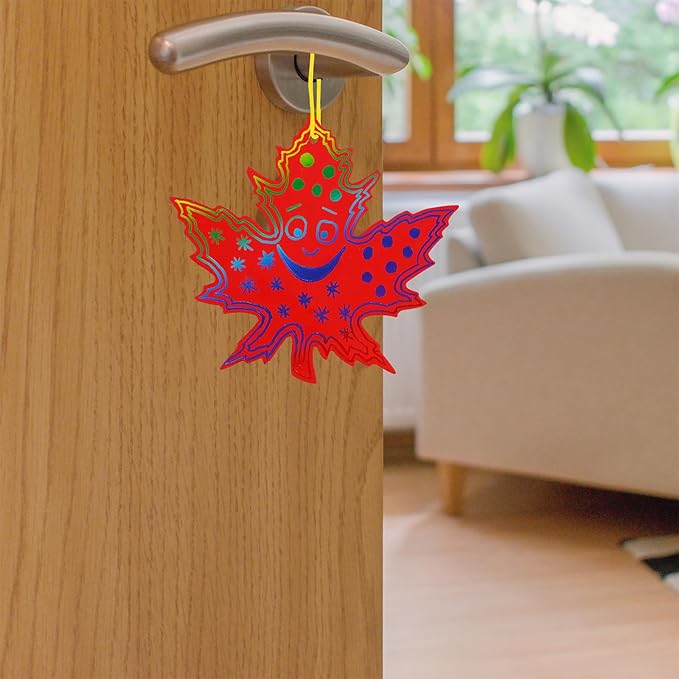 Winlyn 48 Sets Colorful Magic Color Scratch Fall Ornaments Autumn Scratch Art Maple Leaf Oak Leaf Pumpkin Apple Acorn Fall Craft Kits for Kids Classroom Activities Halloween Harvest Party Decorations