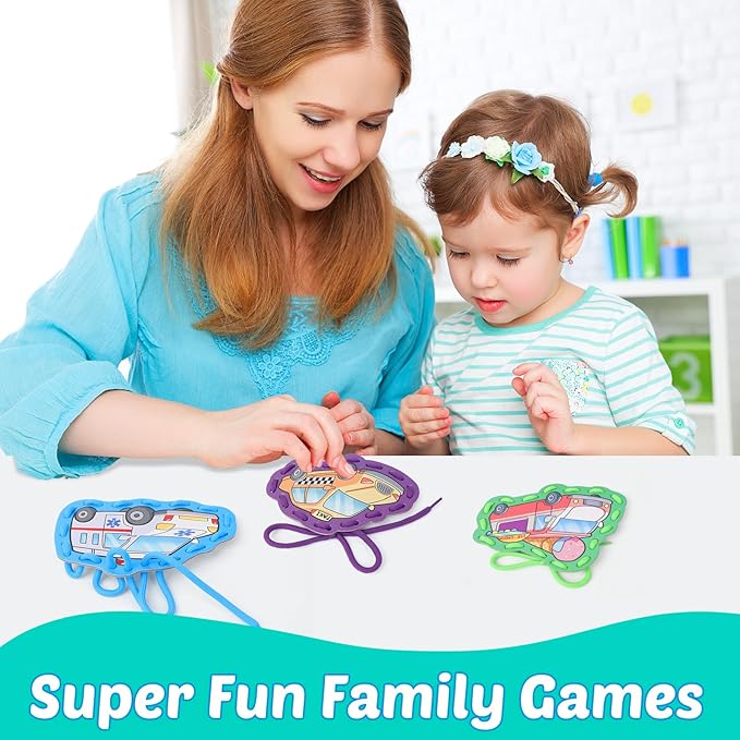 Aizweb Vehicle Lacing Cards,Sewing Kit for Toddlers, Fine Motor Skill Toys,Threading Toys for Preschoolers,Shoe Tying Practice Art and Craft for Kids Educational Kindergarten Learning Activities