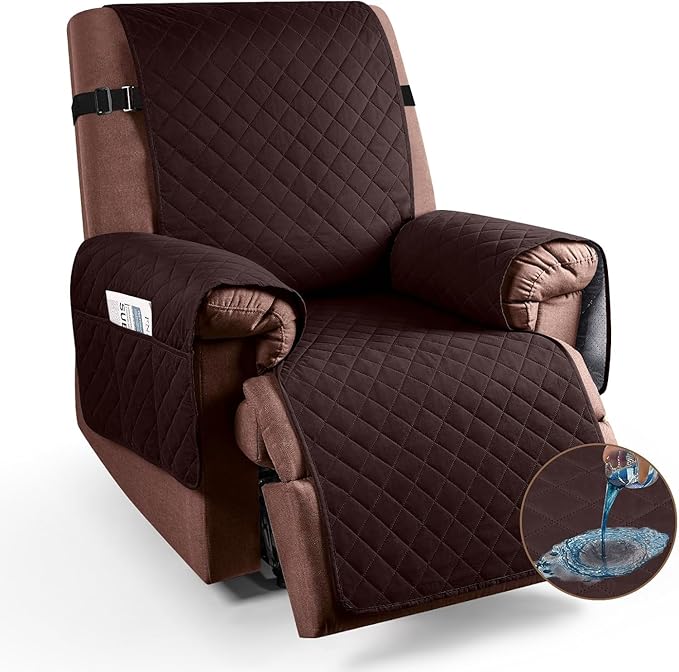 KinCam 100% Waterproof Recliner Chair Cover, Reclining Couch Covers for Pets, Dogs, Recliner Couch Slipcover Furniture Protector with Elastic Straps for Kids(30", Coffee)