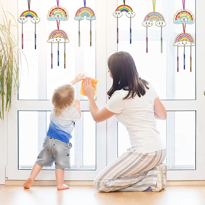Fennoral 10 Rainbow Wind Chime Craft Kits for Kids Make Your Own Wind Chime Ornament DIY Coloring Wooden Art and Craft for Classroom Art Projects Spring Summer Birthday Decorations