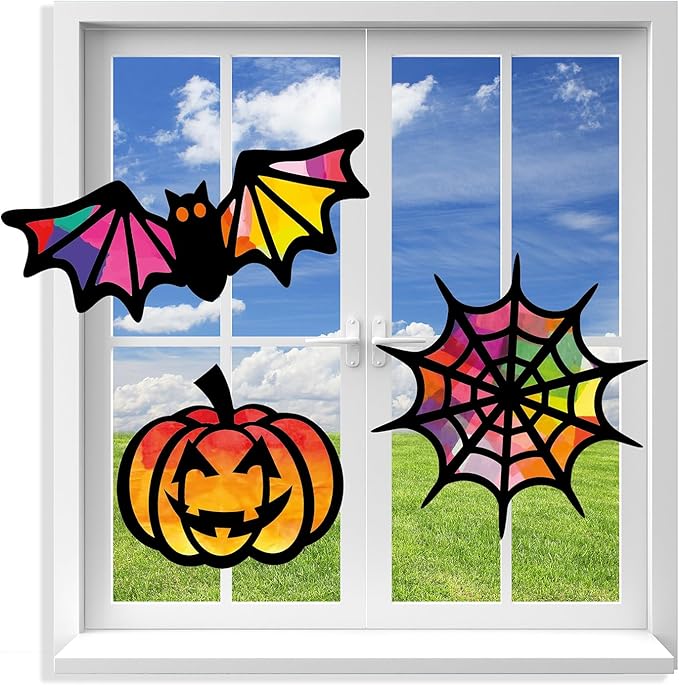VHALE Suncatchers Craft 3 Sets (9 Cutouts) w Tissue Papers Stained Glass Effect Paper Sun Catcher Kit, Window Art, Classroom Crafts, Creative Art Projects, Kids Party Favors (Halloween)