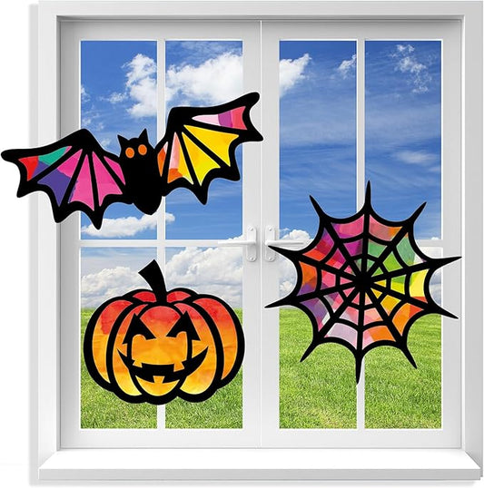 VHALE Suncatchers Craft 3 Sets (9 Cutouts) w Tissue Papers Stained Glass Effect Paper Sun Catcher Kit, Window Art, Classroom Crafts, Creative Art Projects, Kids Party Favors (Halloween)