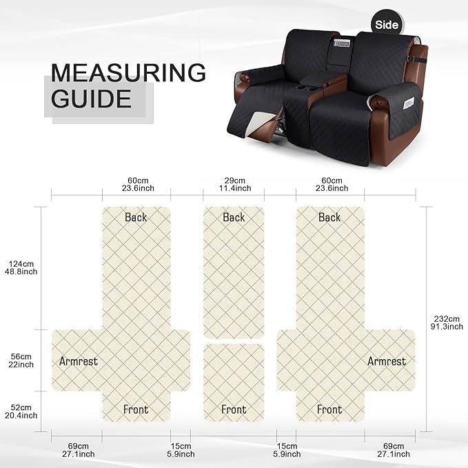 KinCam 100% Waterproof Recliner Loveseat Cover with Console, Non-Slip Reclining Couch Covers for 2 Seat, Recliner Sofa Cover Furniture Protector with Elastic Straps for Kids, Pets, Black
