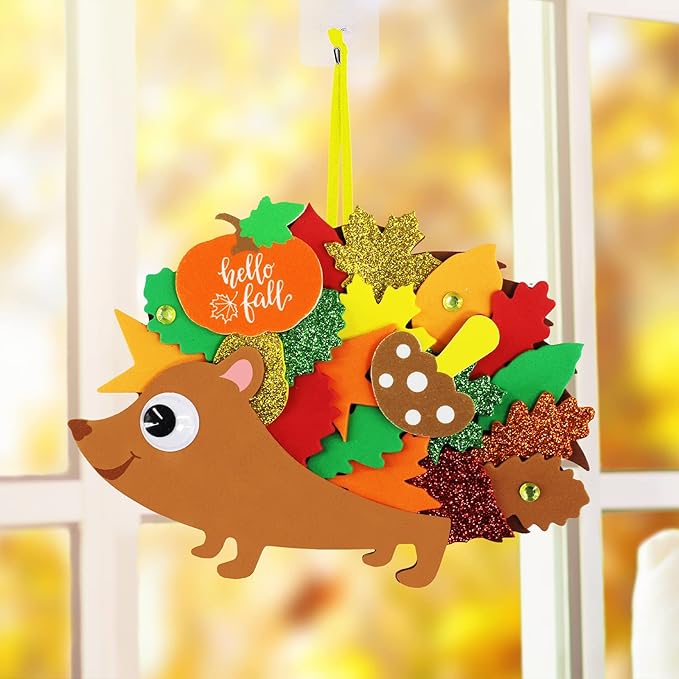 Winlyn 24 Sets Fall Craft Kits Fall Kids Crafts DIY Fall Leafy Hedgehog Ornaments Decorations Art Sets Autumn Leaf Foam Stickers Arts and Crafts Googly Eyes for Kids Thanksgiving Classroom Activities
