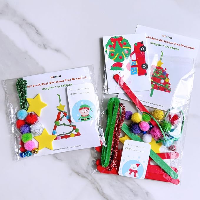 Winlyn 27 Sets Christmas Craft Kits Winter Crafts Popsicle Stick Christmas Tree Ornaments Decorations Art Sets Craft Sticks Christmas Foam Stickers for Kids Holiday Classroom Activities Party Favors