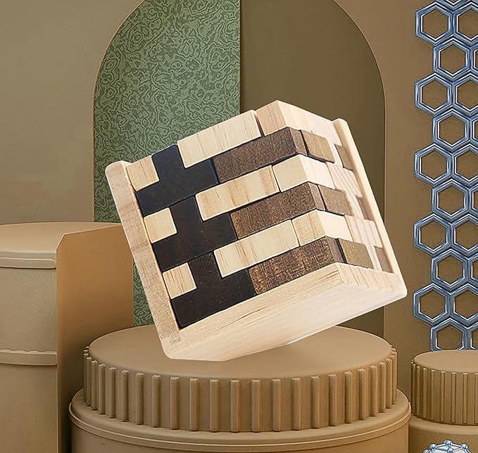Wooden Brain Teaser Puzzle Cube Easter Basket Stuffers Wooden Puzzles T-Shaped Jigsaw Logic Puzzle Educational Toy for Kids and Adults by AHYUAN (Brown and Natural)