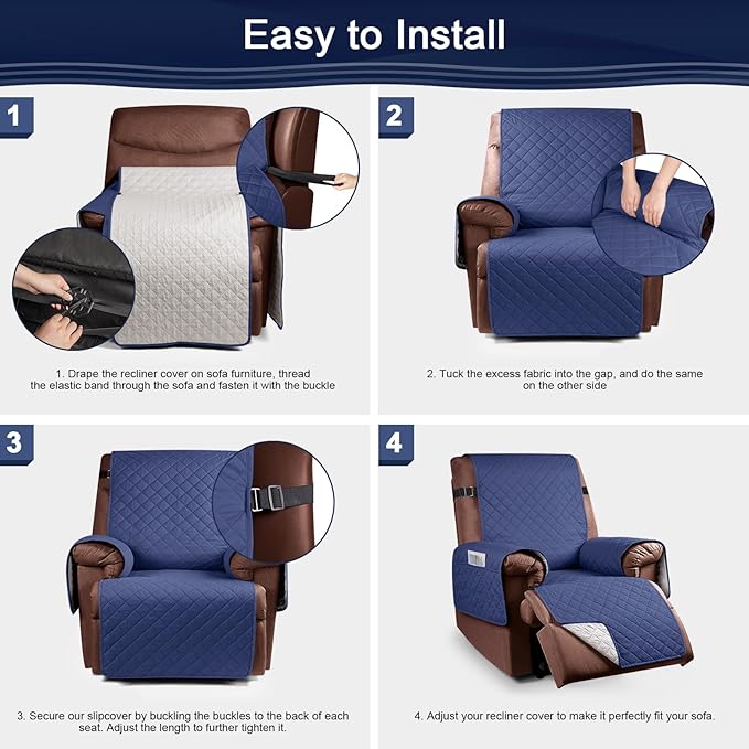 KinCam 100% Waterproof Recliner Chair Cover, Reclining Couch Covers for Pets, Dogs, Recliner Couch Slipcover Furniture Protector with Elastic Straps for Kids(30", Blue)