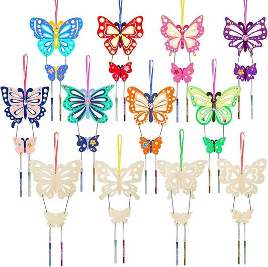 Fennoral 12 Pack Butterfly Wind Chime Kits for Kids Make Your Own Hollowed Out Butterfly Wind Chime DIY to Paint Butterfly Wooden Arts and Crafts for Kids Spring Winter Art Activity Birthday Party