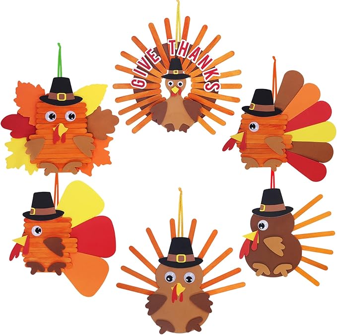 Winlyn 24 Sets Thanksgiving Craft Kits Fall Crafts DIY Give Thanks Thanksful Turkey Ornaments Decorations Art Sets Wood Craft Sticks Turkey Foam Stickers Googly Eyes for Kids Classroom Activities