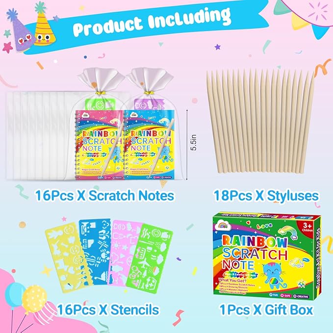 ZMLM Scratch Art Party Favors: 16 Pack Rainbow Scratch Paper Art Craft Notebooks for Kids Age 3-12 Classroom Prize Art Party Supplies Birthday Goodie Bag Stuffers Easter Christmas Gift for Girls Boys