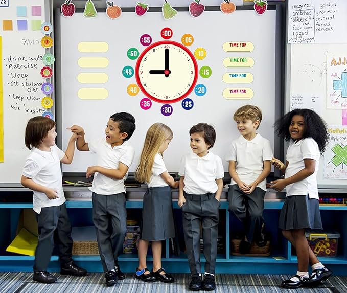WhatSign 34Pcs Telling Time Bulletin Board Set Decoration Clock for Kids Learning to Tell Time Telling Time Teaching Practice Clock for Elementary Preschool Classroom Supplies Teachers Back to School