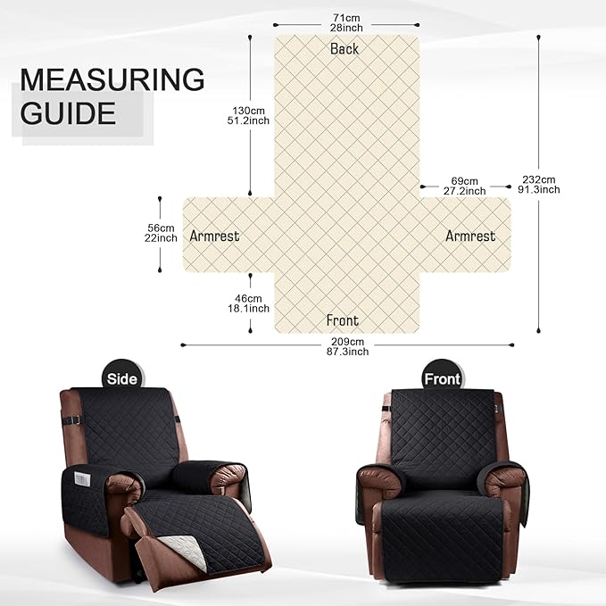 KinCam 100% Waterproof Recliner Chair Cover, Reclining Couch Covers for Pets, Dogs, Recliner Couch Slipcover Furniture Protector with Elastic Straps for Kids(28", Black)