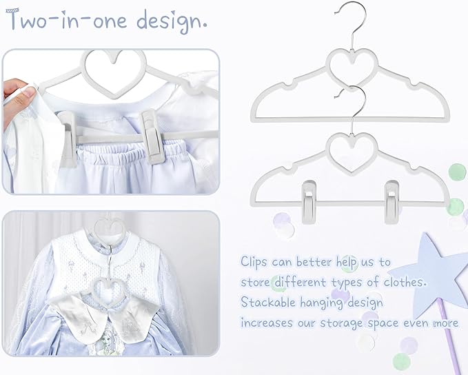 Grey Heart Velvet Baby Hangers - 50pack 13inch Toddler Hangers with 20pcs Clips, Premium Velvet Strong and Durable Baby Clothes Hangers Without Slipping, Ultra Slim and Stackable Space Saving