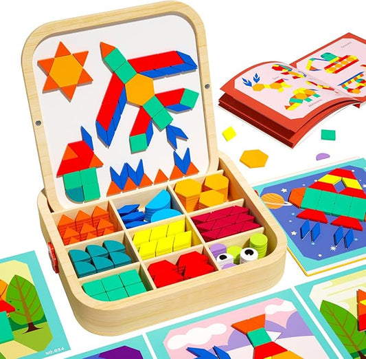 Wooden Magnetic Pattern Blocks Set with Cards, 288 PCS Montessori Tangram Puzzle Learning Toys for Toddlers 3-5, Educational STEM Gift for Kids Boys Girls 3 4 5 6