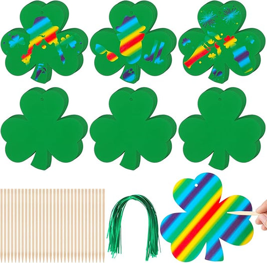Liliful 60 Set St. Patrick's Day Crafts for Kids Shamrocks Colorful Scratch with 30 Wooden Scratch Tools Green Shamrocks Hanging Craft Art Kit for Kids Gifts St. Patrick's Day Party School Favors