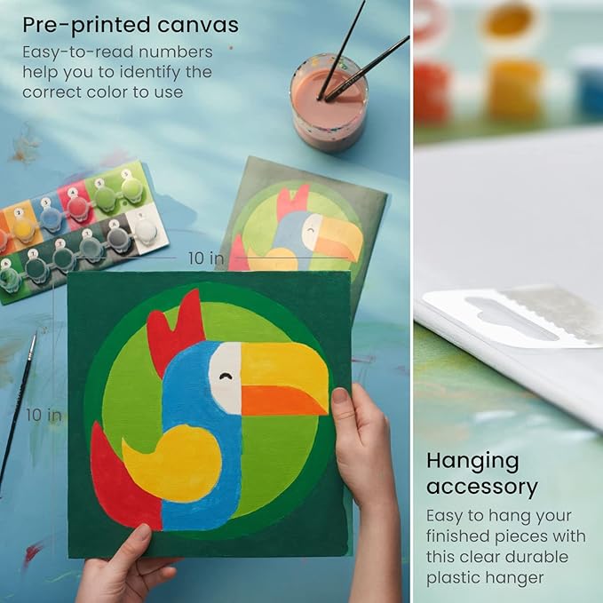 Arteza Kids Paint by Numbers Kit, 10 x 10 Inches, Pre-Printed Animal Canvas Painting Kit with 2 Canvases, 24 Acrylic Paint Pots, 3 Paintbrushes, Art Supplies for Developing Hand-Eye Coordination