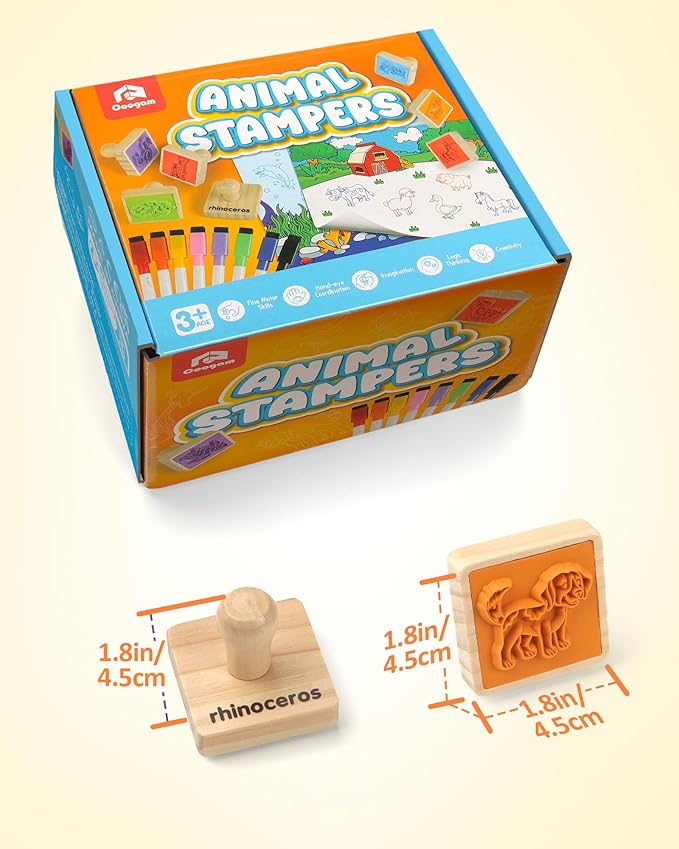 Coogam Wooden Animal Stamps Printing Toy Set, 20pcs Color Shape Stamping for DIY Scrapbook Arts Crafts Supplies Party Favor Toy Gift with Markers Suitable for 3 4 5 Year Old Kids